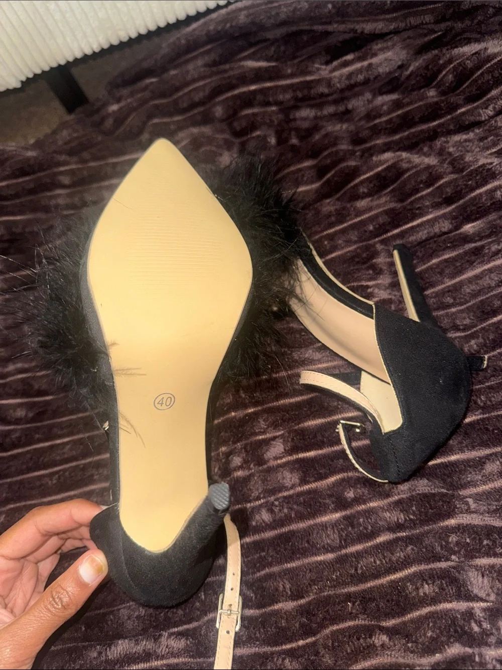 Black Feather Pointed-Toe Ankle-Strap Heels